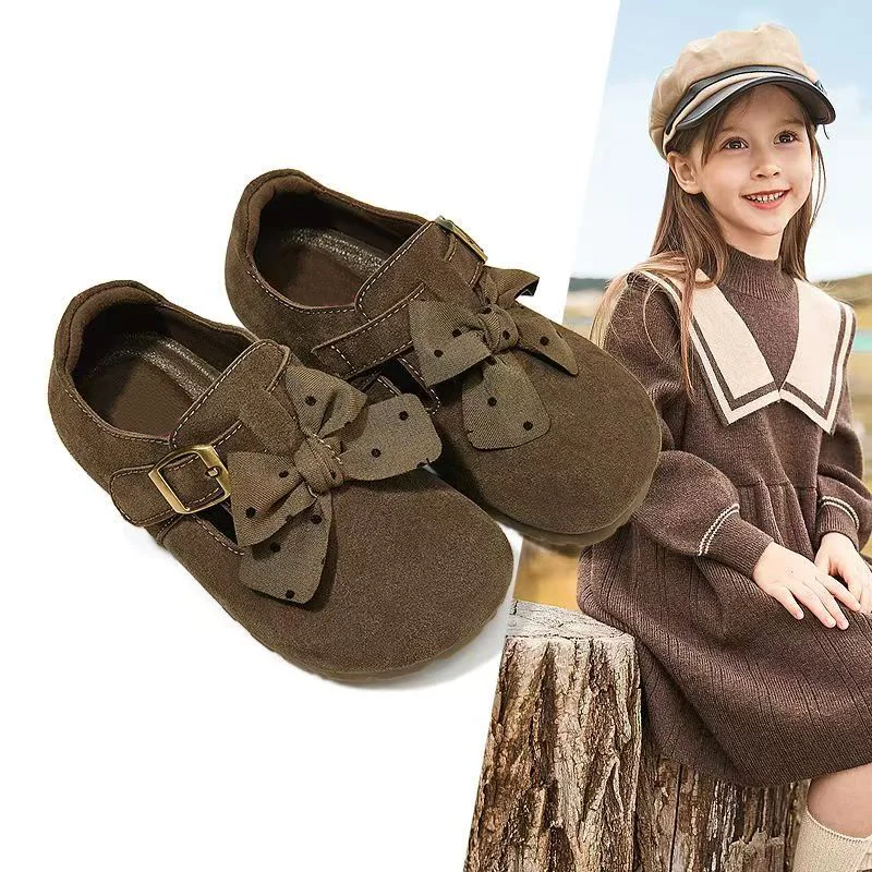 Girls Bow‑Knot Suede Birken‑Style Loafers, Kids Polka‑Dot Decor Flat Shoes, Toddler Girls Retro Soft‑Slip Casual Dress