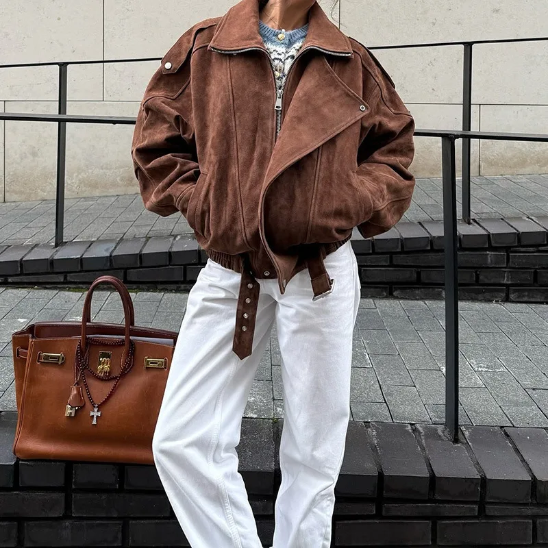 Vintage Brown Lapel Irregular Short Loose Jacket Autumn Winter Streetwear European American Women Outerwear Fashion Casual Tops