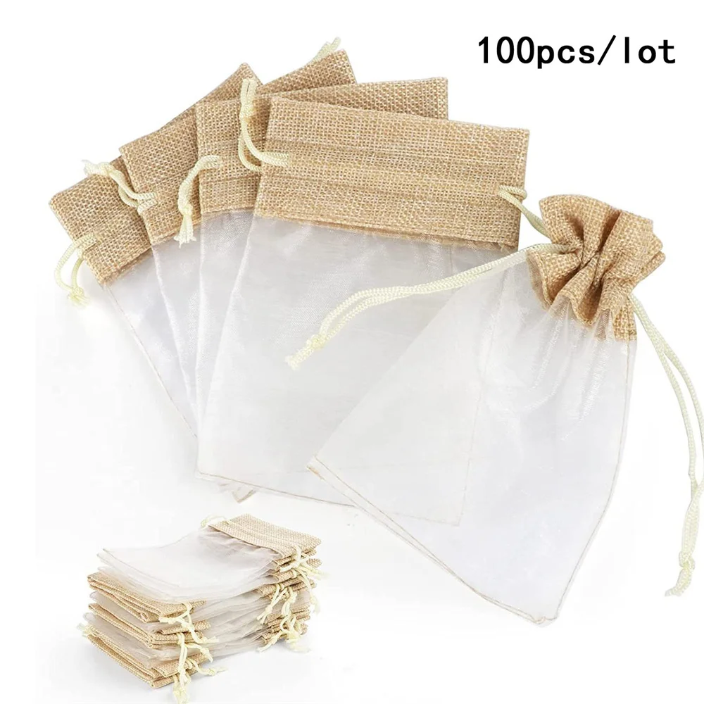 

100Pcs Linen Jute Organza Gift Candy Bags Wedding Favors for Guests Birthday Party Supplies Christmas Small Drawstring Pouches