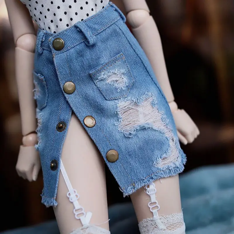 

New BJD doll clothes 1/4 1/3 ripped denim skirt DD MSD fashion hip skirt lace suspender stockings doll accessories