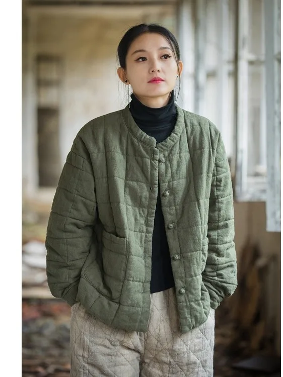معطف شتوي نسائي من القطن Sle Zen بتصميم كلاسيكي مع خياطة مربعة من القطن والكتان للتنقل العرقي