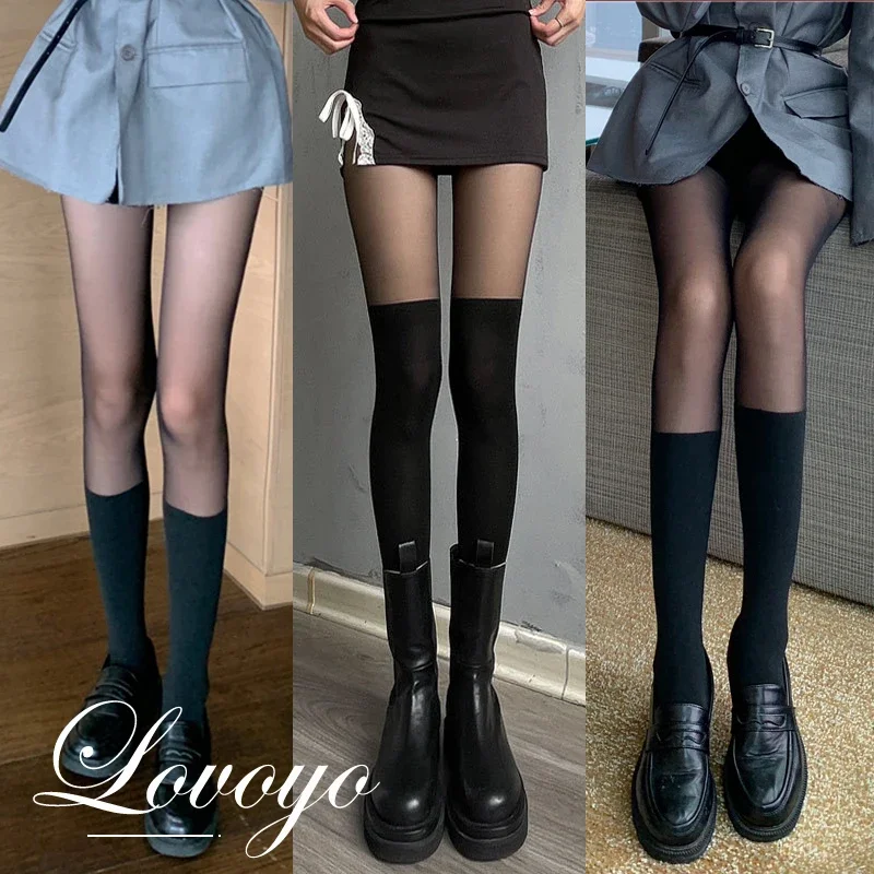 Sexy Women Tights Pantyhose Patchwork Sheer Black Thigh High Stockings Tights Women Female Hosidery Over Knee Stripe Pantyhose