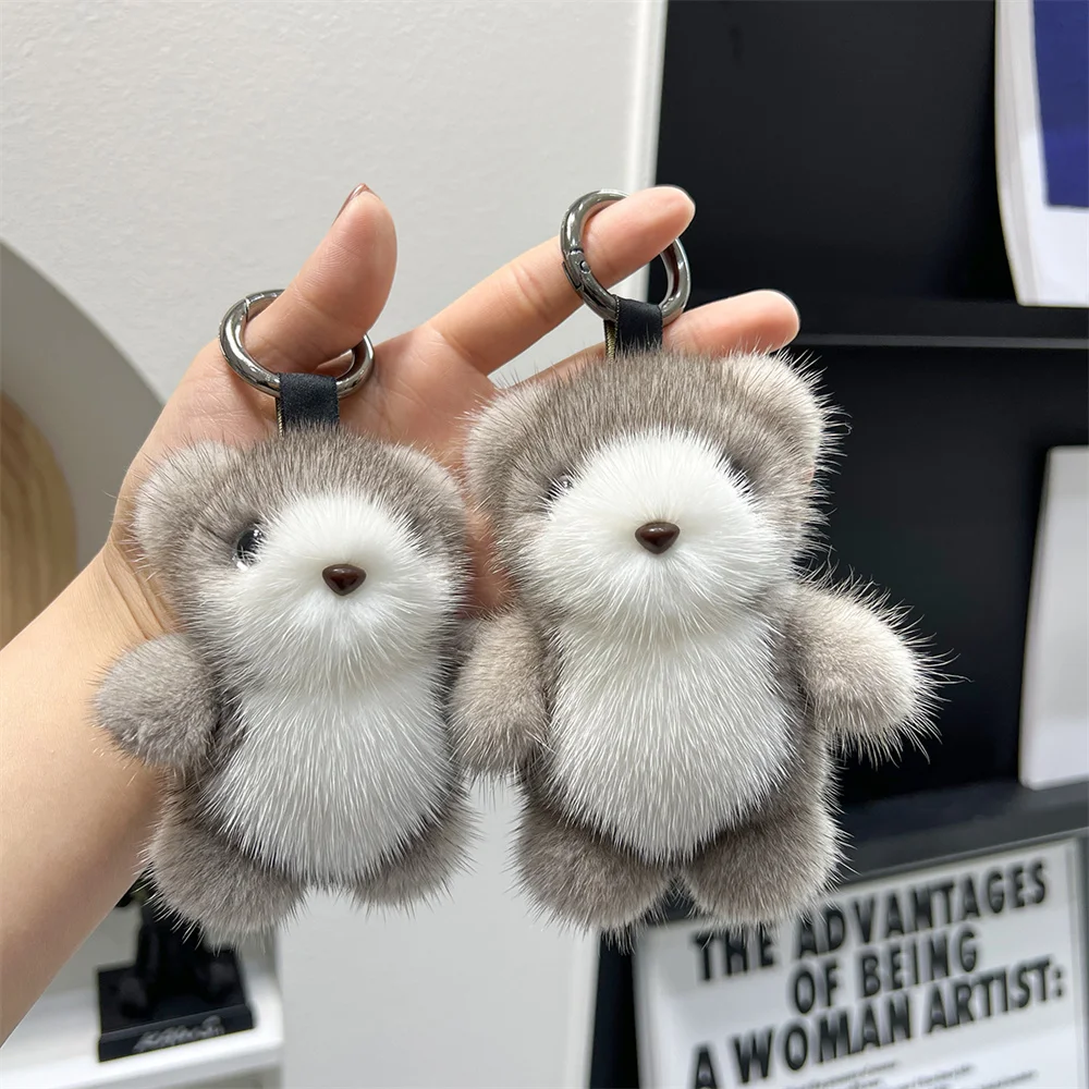 Luxury Real Mink fur cute bear car keychain pendant ins internet celebrity bear plush doll high-end bag pendant Women Cute Toys