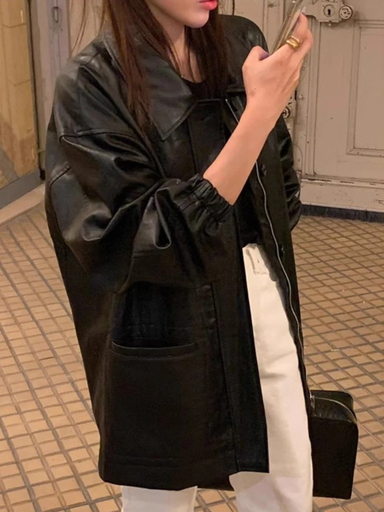 Sli Autunno PU Pelle Jaet Cappotto da donna con colletto con cerniera vestibilità ampia con grandi kets Capispalla lungo da pendolarismo alla moda