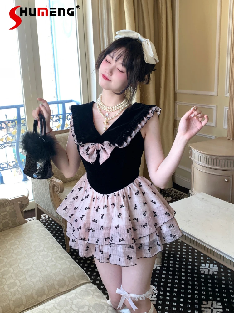 

Kawaii Black Pink Bow Floral Stitching Ruffles Vest Short Dress Woman 2023 Summer New Princess Sweet Pullover High Waist Dresses