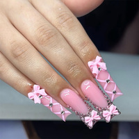 24pcs Long Ballet Wearable Fake Nails Sweet Pink French Style Cross Bowknots Press On Nails With Shiny Diamond Decor False Nail