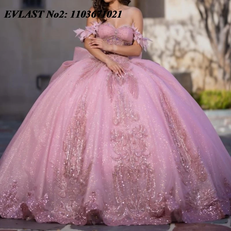 EVLAST Customized Mexican Pink Quinceanera Dress Off Shoulder Shiny Lace Applique Beading Bow Sweet 16 Vestidos 15 Anos E2QA142