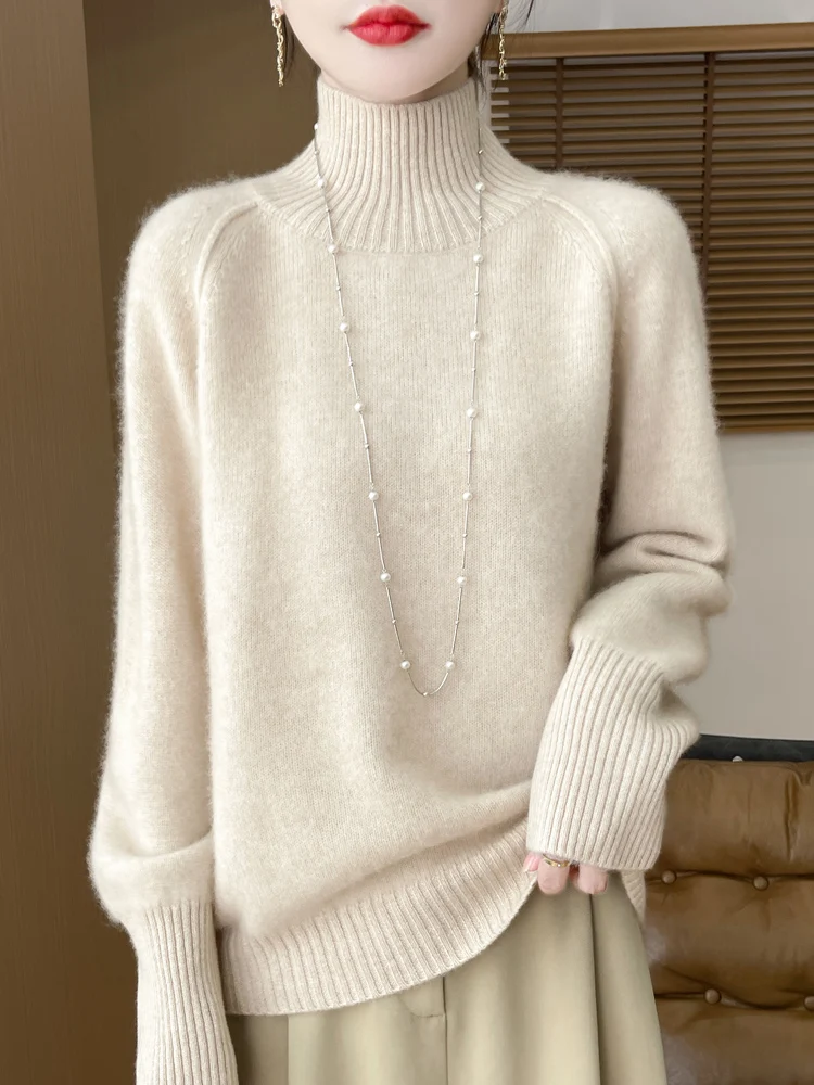 

Autumn Winter Women's Turtleneck Sweater Pullovers 100% Merino Wool Knitwear Raglan Sleeve Cashmere Korean Popular Clothing Tops