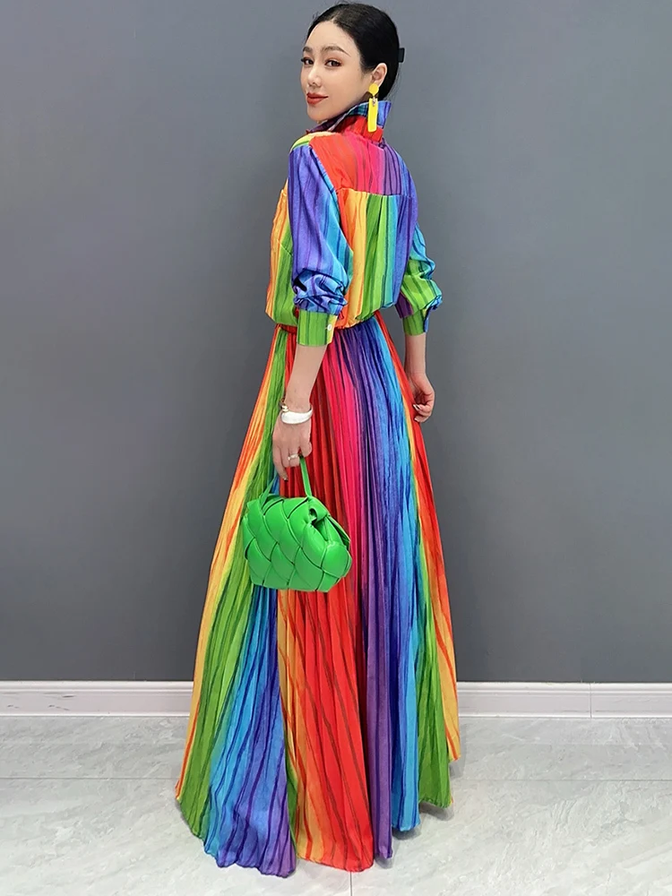 SHENGPALAE Fashion Two Piece Women's Set Colorful Shirt With Pleats Colorful Large Hem Long Skirt 2024 Spring Summer New 5R9884