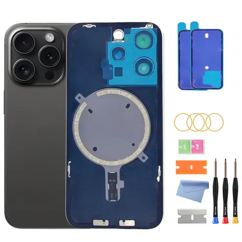Verre arrière de remplacement pour iPhone 15 Pro – Coque arrière avec cadre étanche, objectif d'appareil photo et kit d'outils de réparation professionnel