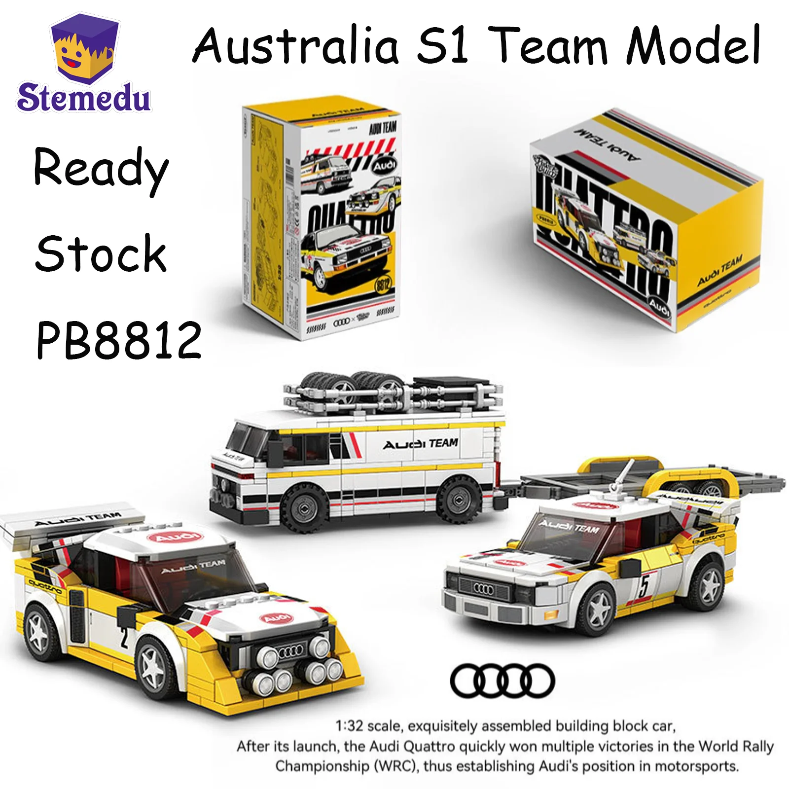 

PB8812 Australia S1 Team Model Building Block Sets For Audi 1:32 NO.WRC Racing Car Team Building Bricks MOC Speed Toys Champions