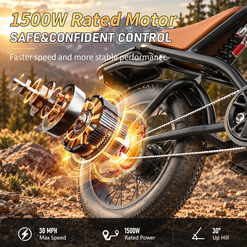 ASKGO Fat Tire Retro Electric Bike for Adults, 1500W Peak Motor, Up to 65 Miles Range, 30 MPH Max Speed, 48V 20Ah Removable Battery, 20"x4", Full Suspension, 7 Speed, Keyless Smart Access, Off-Road Commuting Ebike image 3