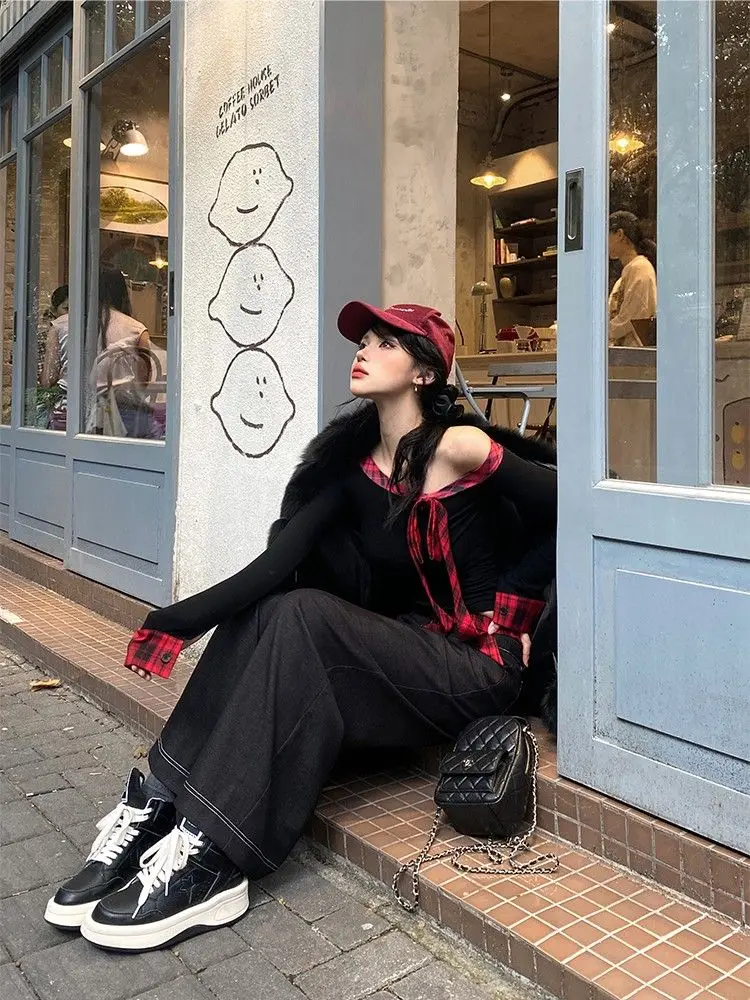 Korean Sexy Slash Neck Women T Shirts Y2K Fashion Patchwork Lace Up Crop Top Harajuku Streetwear Slim All Match Ladies Tees New