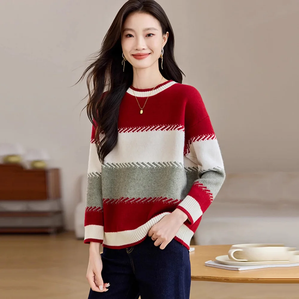 New Women Autumn Winter Striped Sweater Fashion O-Neck Long Sleeve Loose Knitted Pullover Casual Contrast Color Sweater