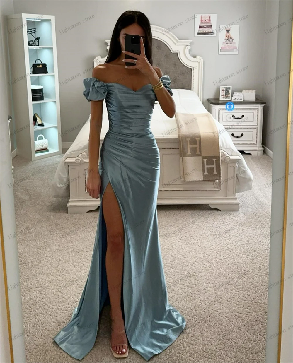 Vintage Avondjurken Satijnen Schede Prom Jurk Van De Schouder Gewaden Voor Formele Partij Elegante Sexy Hoge Split Vestidos De Gala