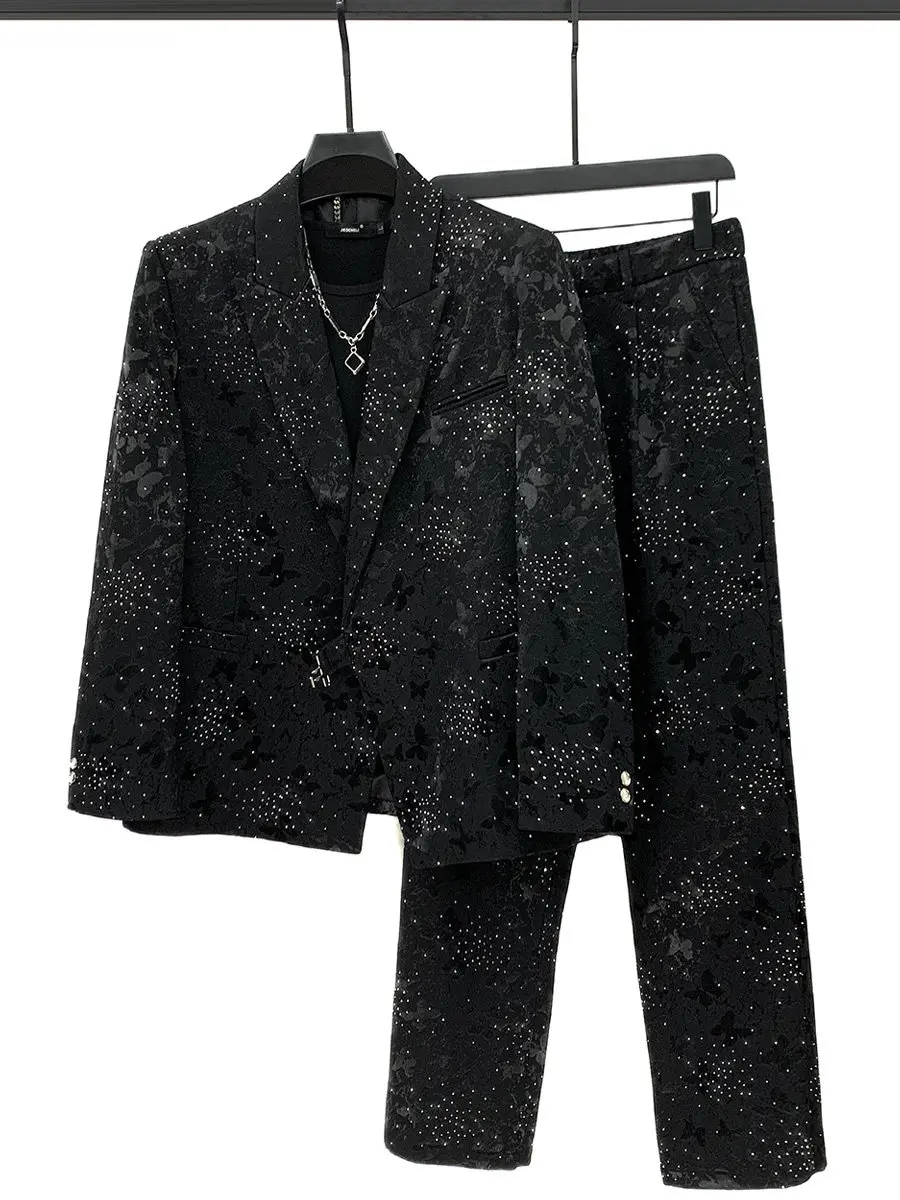 Fashion Men's Rhinestone Suit Set Korean Trend Spring Shiny Black Butterfly Jacquard Suit Jacket Pants Male Two-piece Set