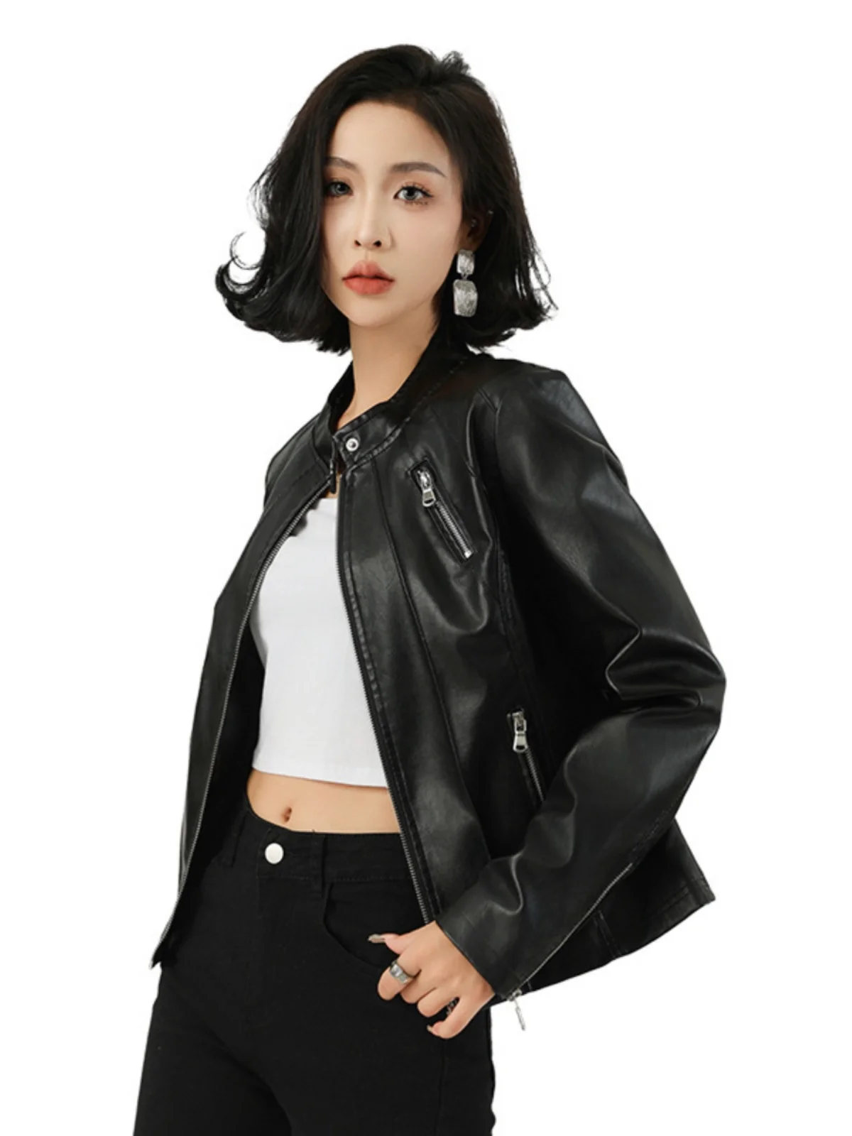 スリムフィット レディース レザー ジャケット 高級感 クロスボーダー レディース ファッション ジッパー ロング スリーブ スタンドカラー PUレザー