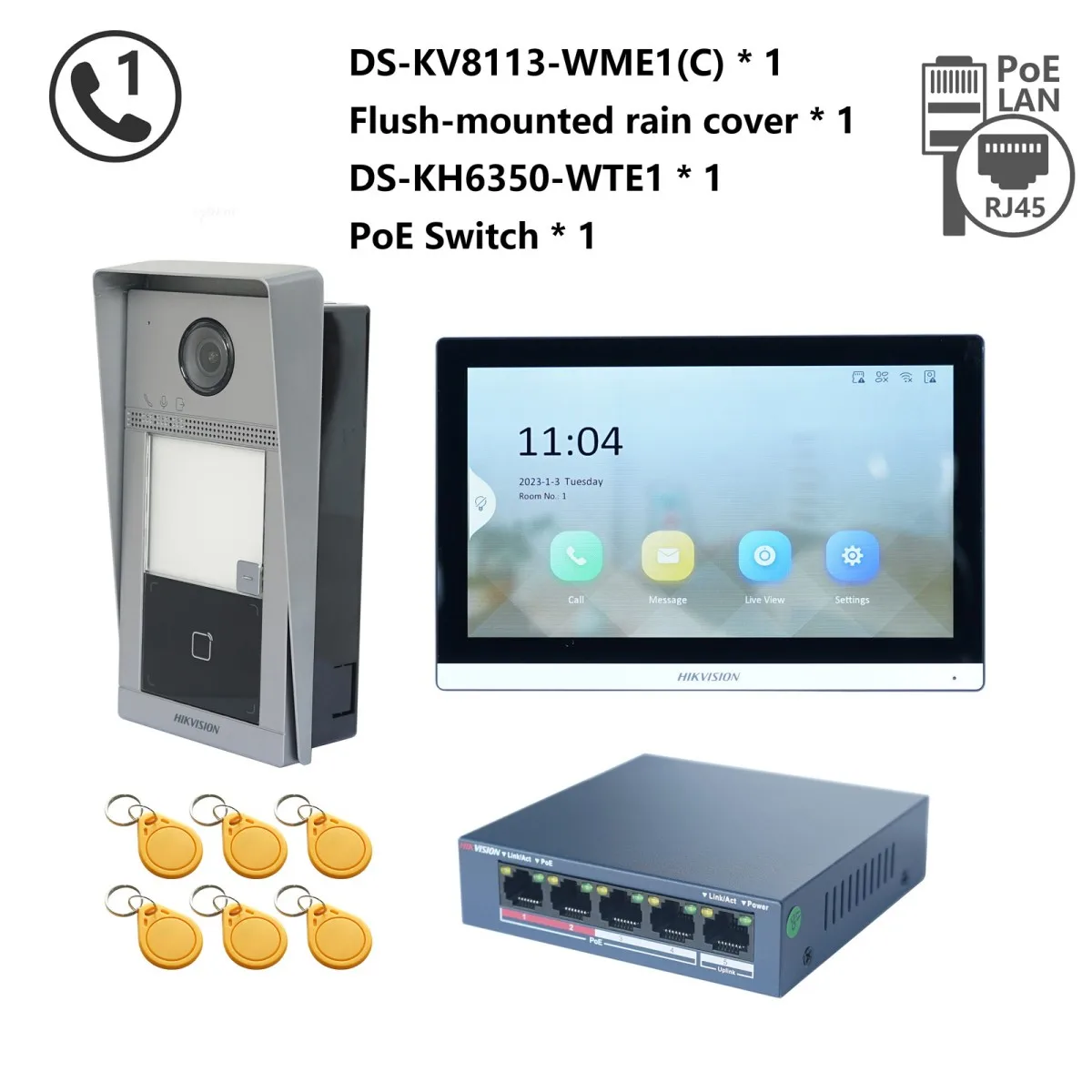 HIKVISION Original mehrsprachiges POE-Video-Gegensprechanlage-KIT, einschließlich DS-KV8113-WME1(C) und DS-KH6350-WTE1 und PoE-Switch