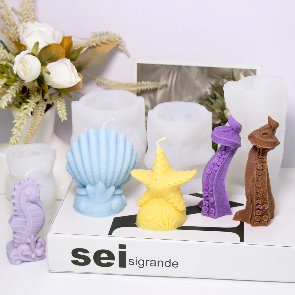 4PCS Ozean Themen Silikon Kerze Form Shell Seepferdchen Seestern Octopus Epoxidharz Seife Form für DIY Kuchen Home Party decor Werkzeug