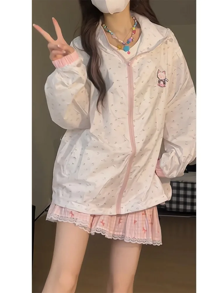 Sudadera con cremallera Kawaii para mujer, ropa protectora solar, cárdigan de verano, chaqueta ligera, abrigo japonés, lindo, Floral de gato, nuevo