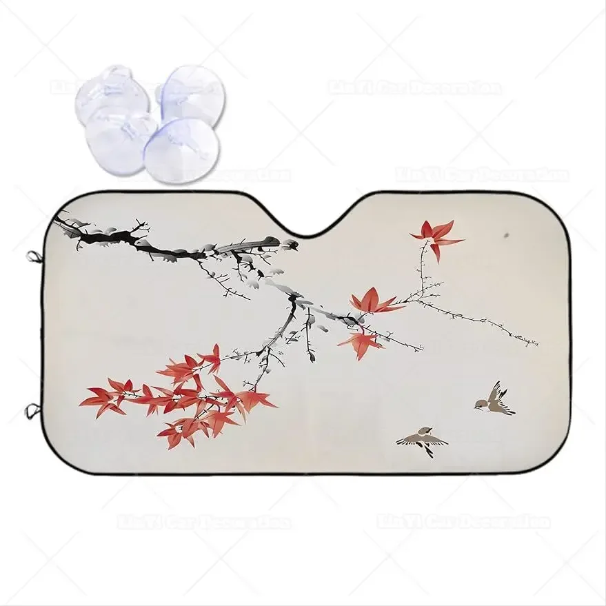 Car Windshield Sun Shade Ink Maple Leaves Branch Bird Chinese Nature Theme Front Window Sun Visor Blocks UV Rays Fits Truck Cars