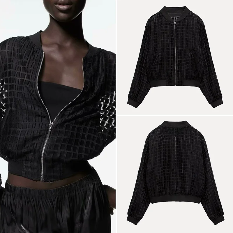 2025 Summer New Women's Fashion Personality Match Transparent Hard Net Pilot Jacket Polyester Fiber round Neck Zipper Short Coat