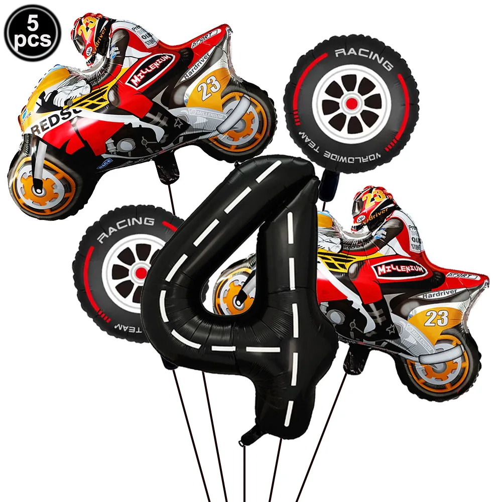 5Pcs Motorcycle Foil Balloon Black Number Motorcycle Wheel Tire Balloon Boys 5th Birthday Party Racing Car Theme Party Decor