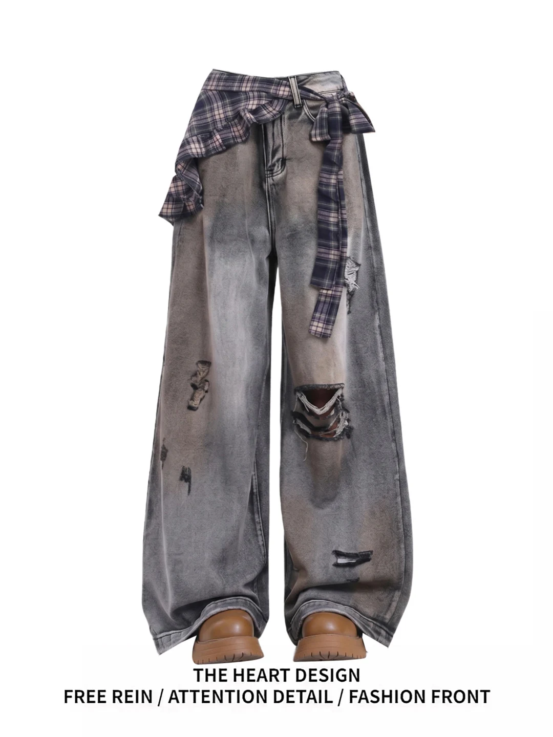 

American Retro Hole Denim Pants Women Spring 2026 New Design Sense Plaid Curtain Wide Leg Pants Casual High Waist Jeans