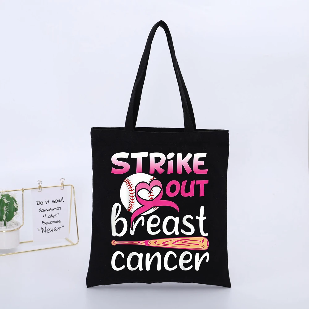 Breast Cancer Awareness Baseball Graphic Canvas Tote Bag, Casual Style for Daily Use and Charity Events
