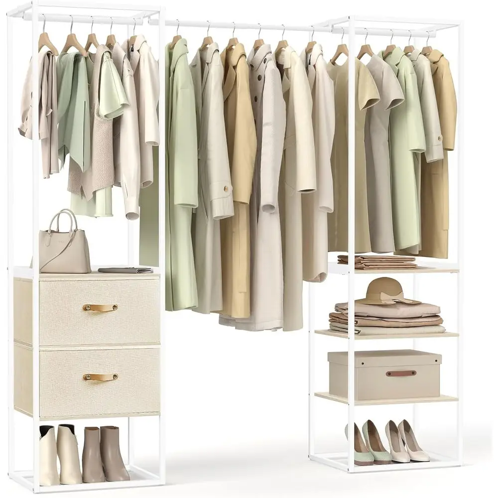 

70.9 Inch Heavy Duty Retractable Closet with 1 Hanging Rod, 2 Drawers, 4 Shelves, Space-Saving for Bedroom, Natural Beige