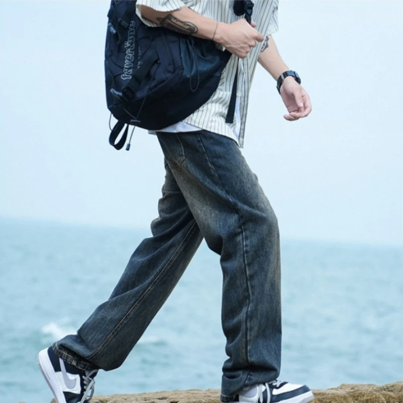 Men Denim Pants Wide Leg Jeans Casual Trouser Loose Man Clothing Trend Vintage Streetwear Straight Leg New Thin Solid Blue