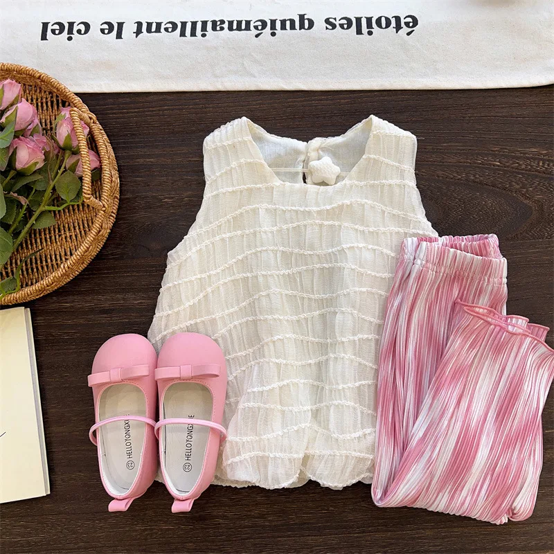 

Girls Top 2024 Summer New Childrens Clothing Korean Style Foreign Style Girl Baby Sweet Sleeveless Shirt Fashion Casual Simple