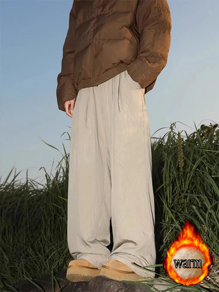 هونج كونج نمط الرجعية بلون السراويل القطنية الحرارية الخريف والشتاء جديد الصوف مبطن سميكة فضفاضة عادية واسعة الساق بنطلون للطالبات
