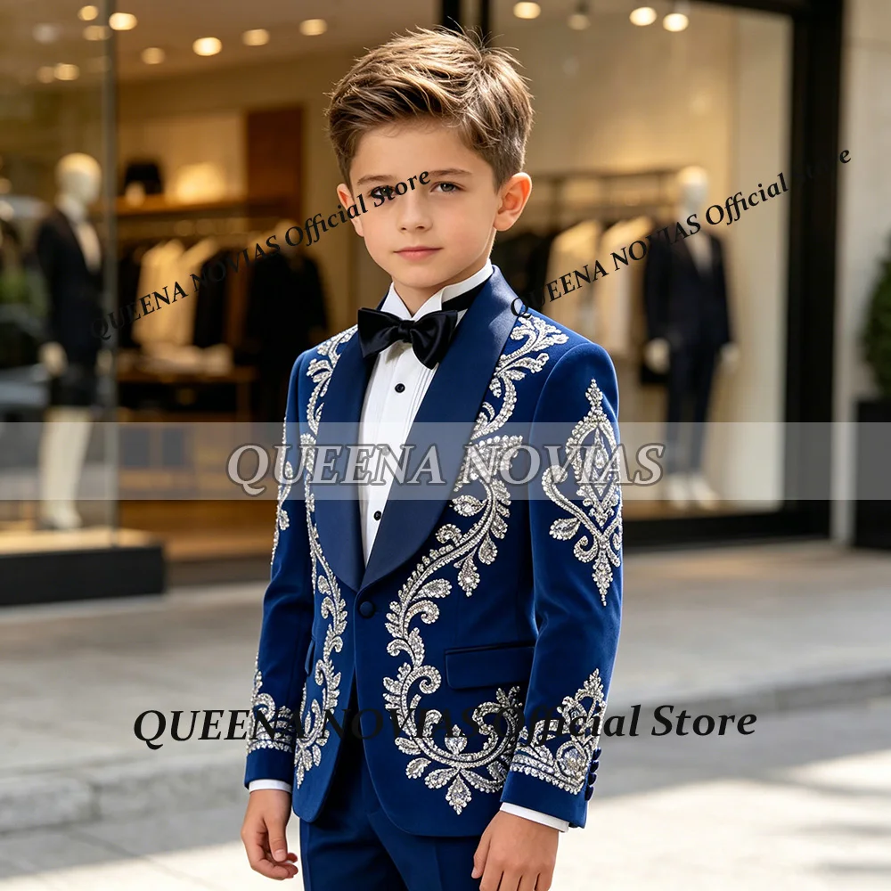 Brilliant Boys Suit 2 Pieces Crystals Beaded Velvet Prom Blazer Customized Children Tuxedos trajes de bodas niño Luxury Tuxedo