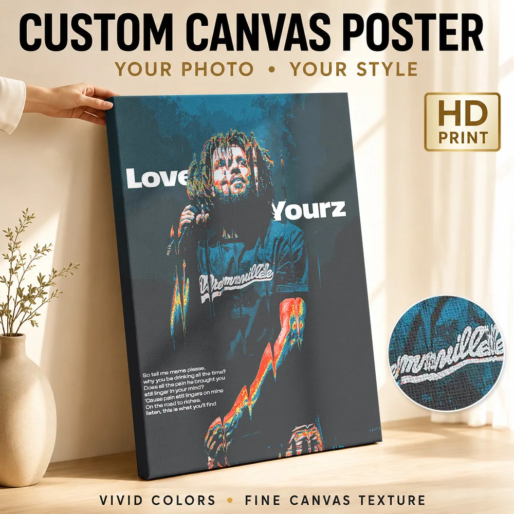J Cole Love Yourz Portrait Framed Canvas Poster Customized Photo Geometric Color Blocking Wall Art For Home Listening Lounge