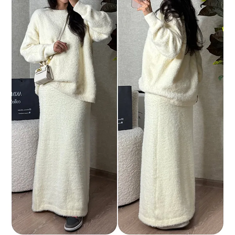 

Осень 2025 г., новый свободный пуловер, свитер, юбка с высокой талией, женский наряд из двух предметов, молочно-белый, светло-коричневый, два цвета на выбор