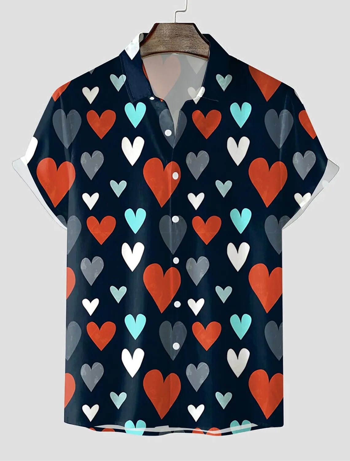 Heart Casual Men's Shirt Button Up Daily Wear Vacation Lapel Short Sleeves Polyester Valentine's Day