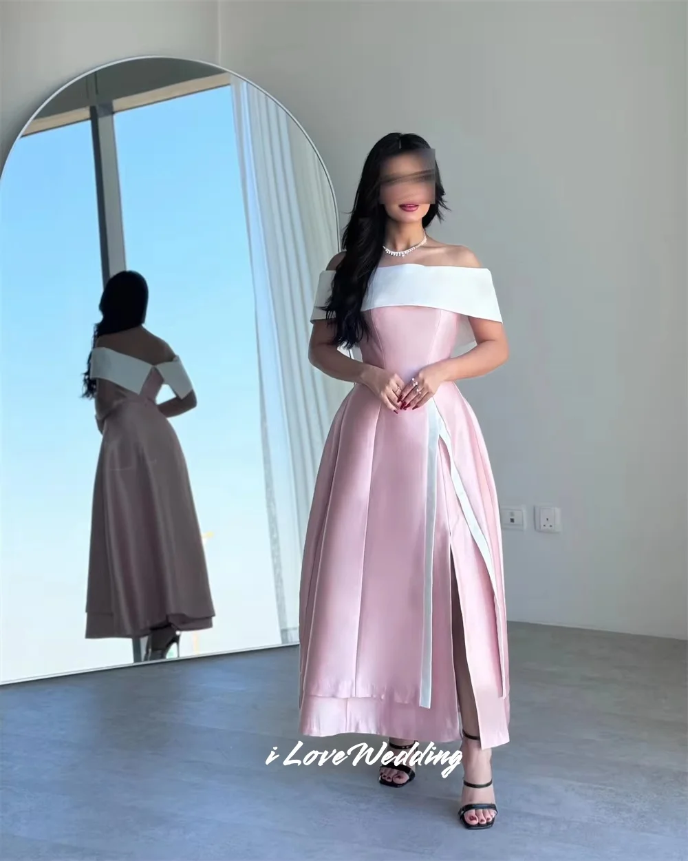 

Pink Off Shoulder Prom Dresses 2025 Satin Backless A-Line Pleated Side Split Zipper Ankle-Length Wedding Party Dress Customized