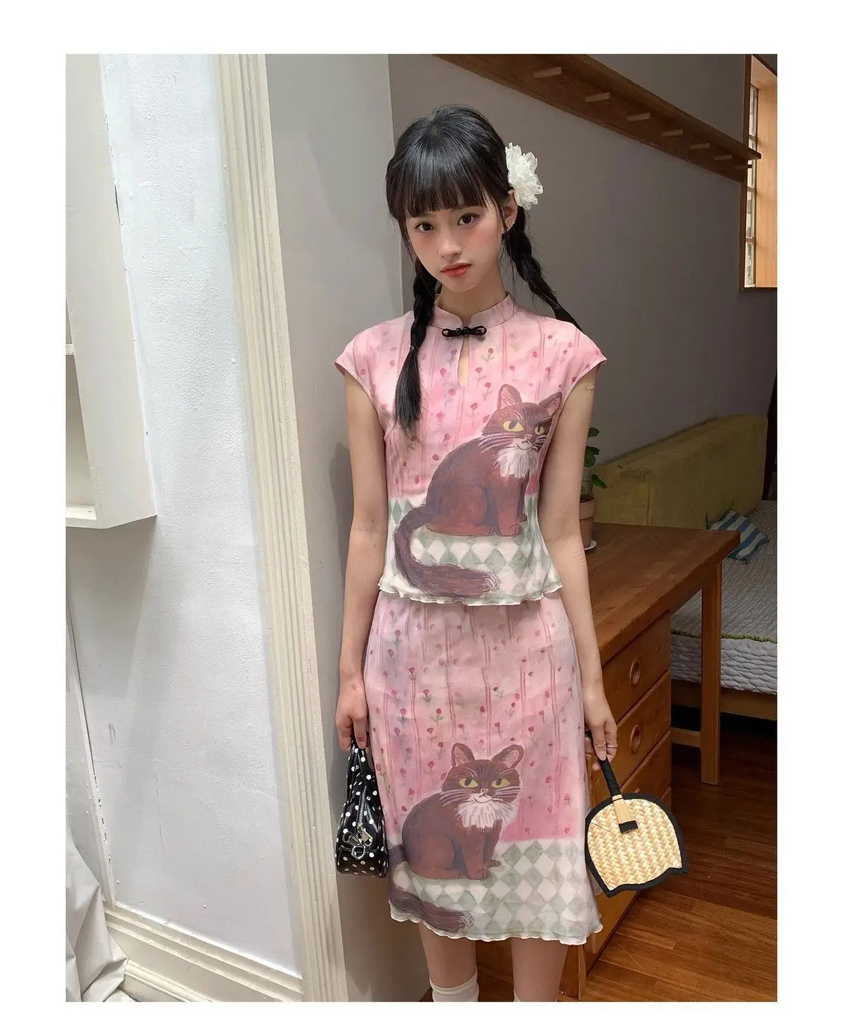 Women Y2K Cat Print Two Piece Set Pink Chinese Style Frog Button Top Midi Skirt Kawaii Harajuku Vintage Gothic Summer Outfit view 2