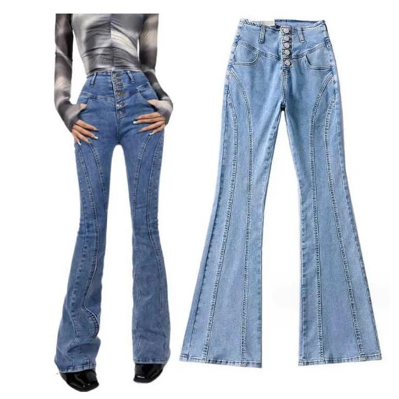 Spring Autumn Y2k Flare Jeans Single Breasted High Waist Elastic Tight Trousers Skinny Flared Jeans