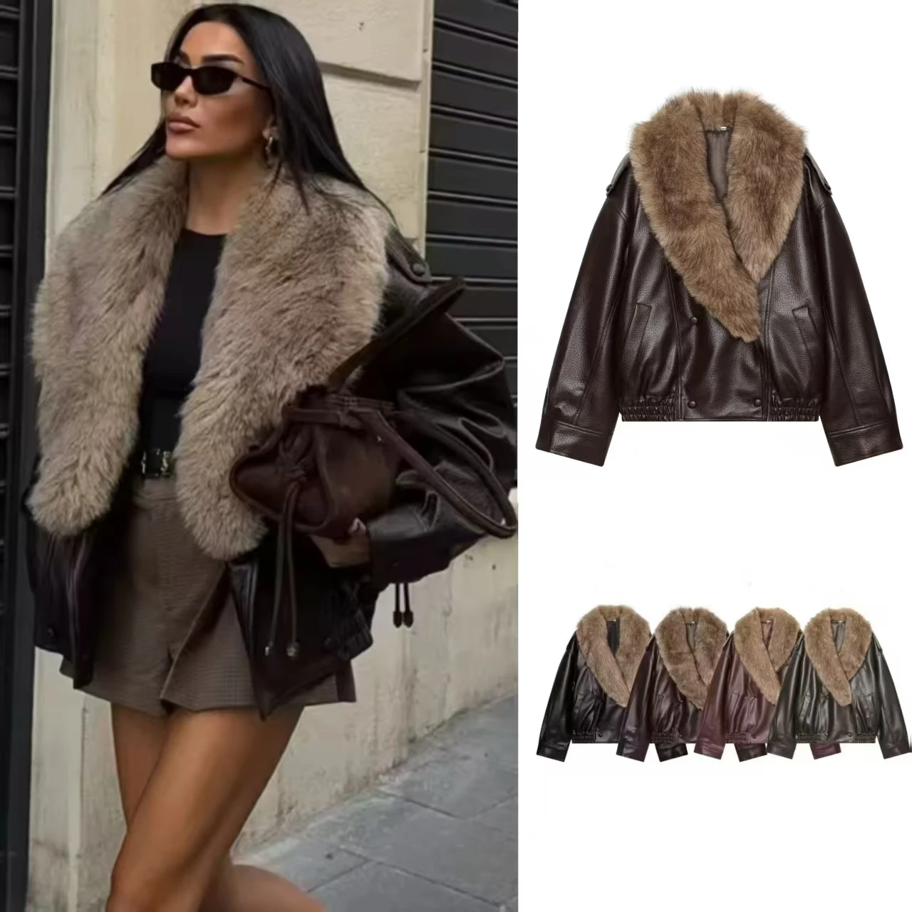 Guobioziy Women's Jacket 2026 Fall/Winter New Solid Color Long Sleeve Faux Leather Jacket with Fur Collar Loose Fit Parka