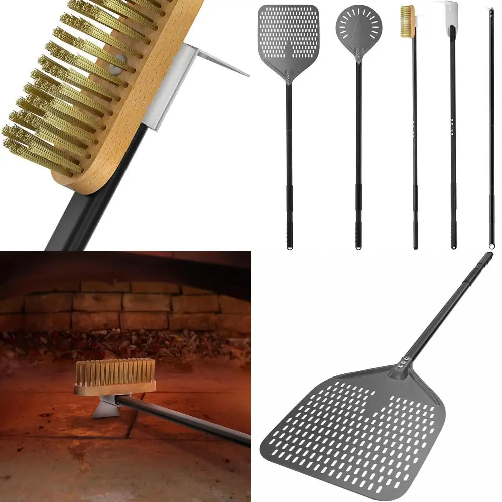 

5-Piece Pizza Oven Kit: 12x15 Perforated Peel, 9 Turning Peel, Cleaning Brush, Ash Rake, Pizza Fork for Chefs & Enthusiasts