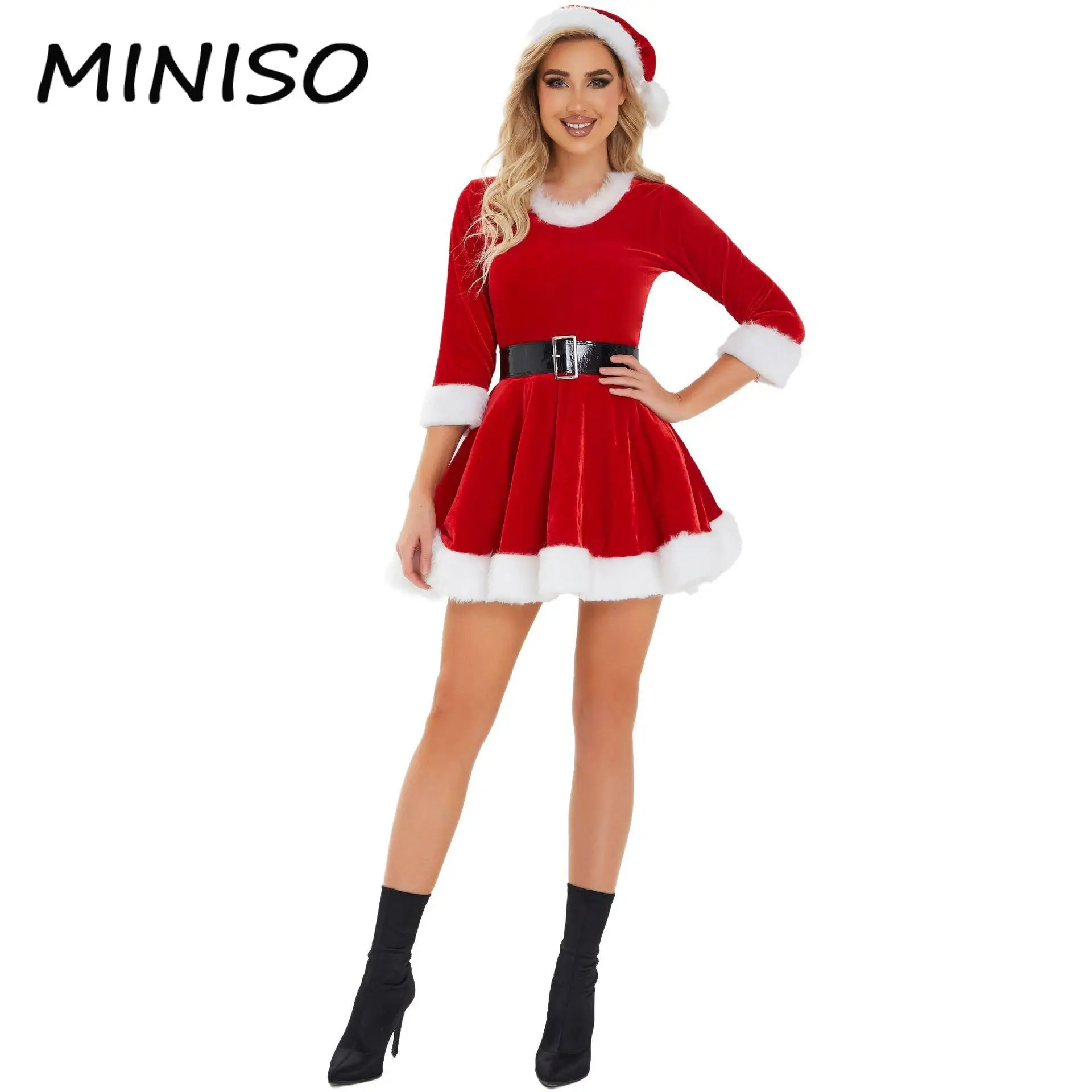 

MINISO Red Claus Dress for Women Sexy Outfits with Hat Belt Santa Claus Cosplay Costumes Christmas Party Fancy Dress