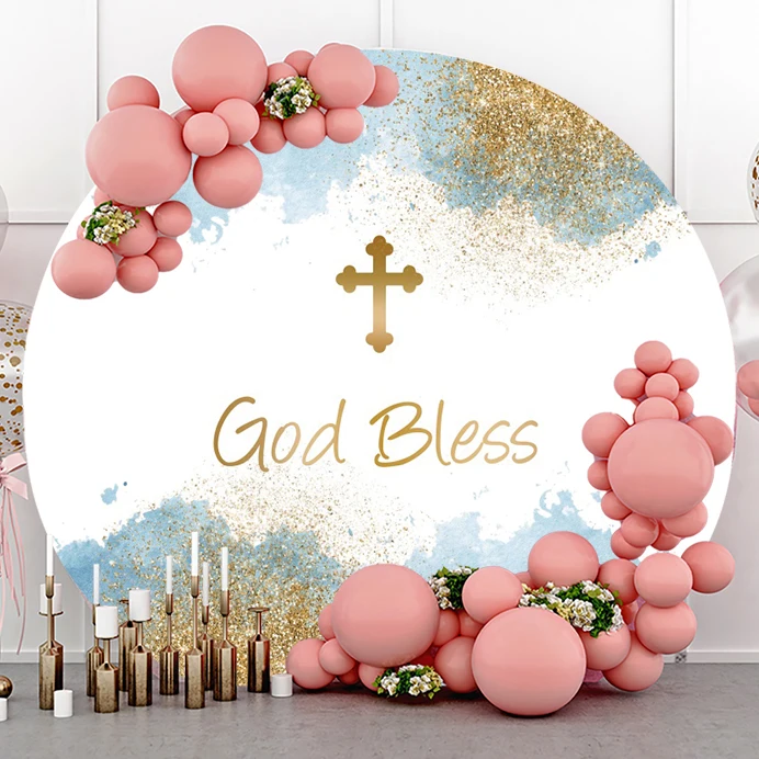 Bóg zapłać krzyż tło imprezowe czeski Pampas trawa chrzest okrągła ramka z zaokrąglonymi rogami brokatowe kropki złote ozdoby do chrztu