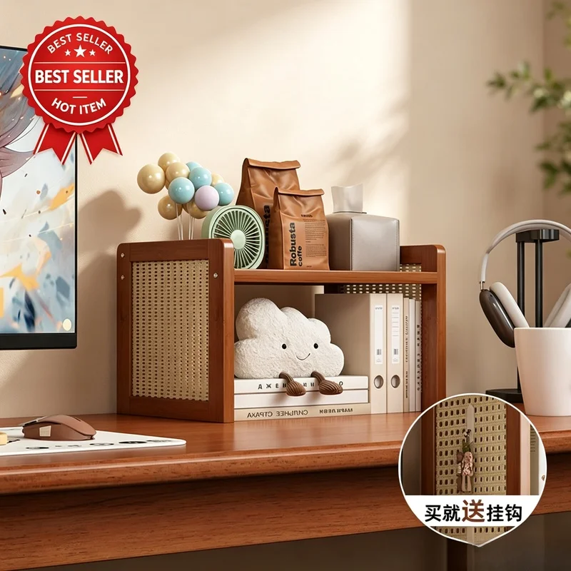 Multi-Height Desktop Bookshelf Boho Rattan Pegboard Wooden Tabletop Storage Display Shelf Home Office Decor