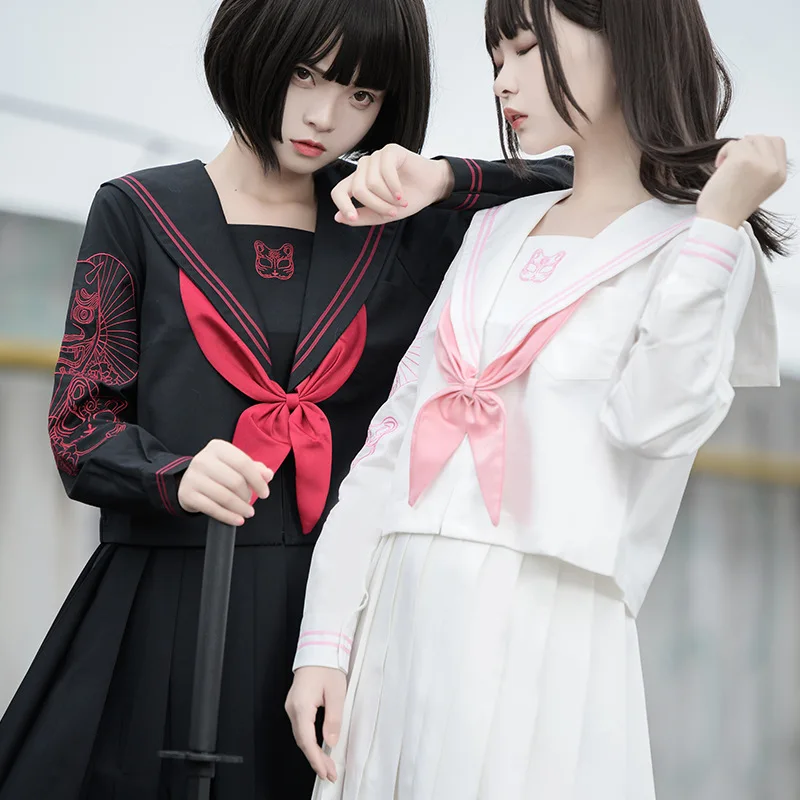 Uniforme giapponese coreana ortodossa Jk ricamata gonna lunga bianca nera cattiva ragazza abito da marinaio abito da laurea set completo per le donne