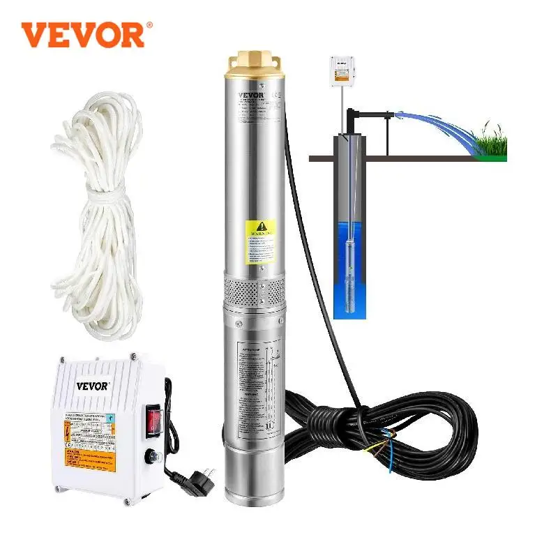 

VEVOR Deep Well Submersible Pump 370W 230V/50Hz 110L/min 44 m Head with 20 m Cord & External Control Box 10.2 cm Water Pumps