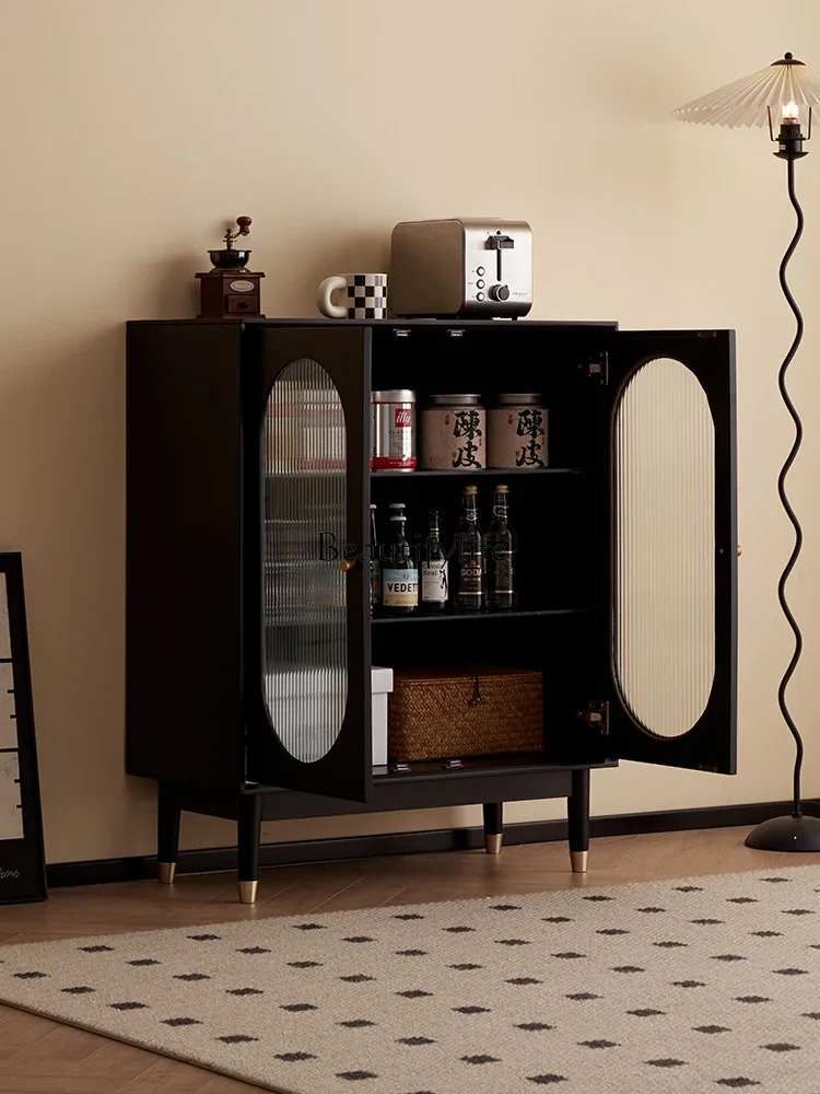 

2 yj15 Solid Wood Sideboard Cabinet Living Room Tea Cabinet Wall-Mounted Storage Small Apartment Black