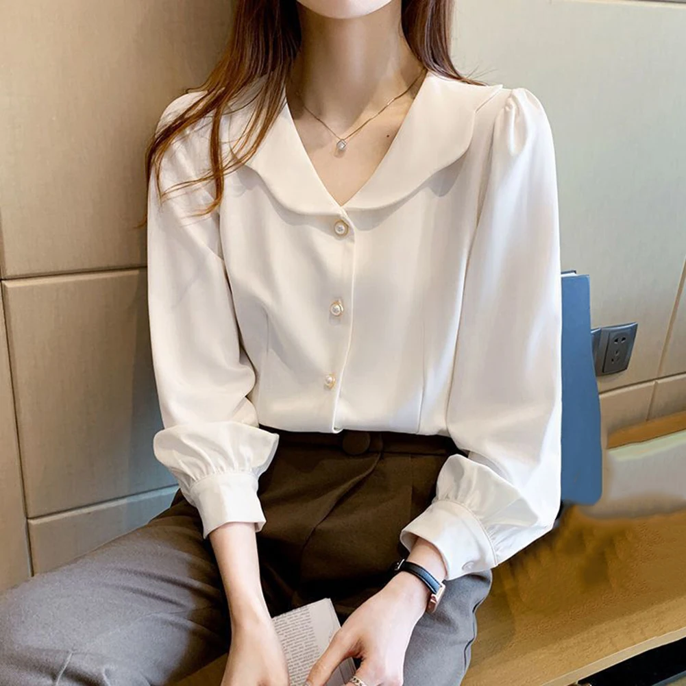 قميص كاجوال بياقة أطفال بيضاء للنزهة قميص نسائي لقضاء عطلة الربيع بلوزة ملابس يومية قميص ينطبق على الإجازة