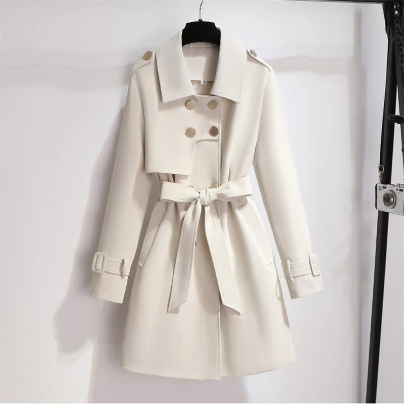 

2024New Autumn Spring Wool Jacket Women Double Breasted Coat Elegant Overcoat Basic Coat Slim Belt Pockets Woolen Long Coat Top